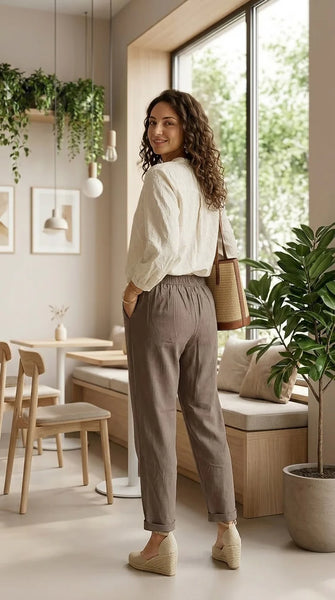 Bukamina Helena - Mocha rayon linen Slim leg pants