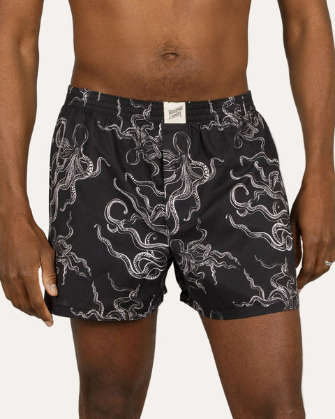 Mens Boxer Shorts - Mini White Octopus on Black