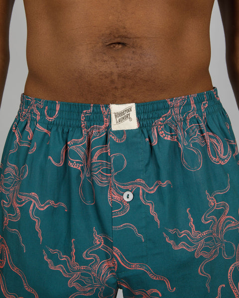 Mens Boxer Shorts - Mini Pink Octopus on Green