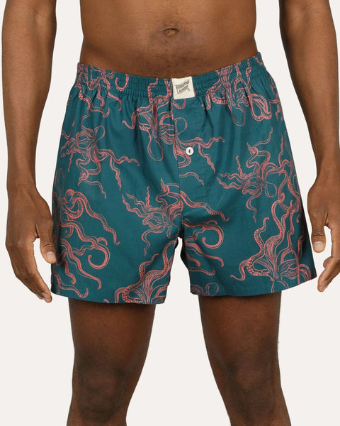 Mens Boxer Shorts - Mini Pink Octopus on Green