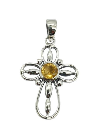 Intricate Silver Cross 28/20mm Citrine