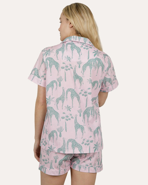 Womens Short Pyjamas - Green Giraffes on PInk