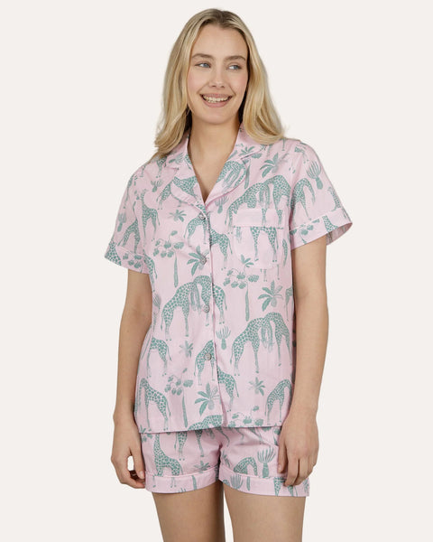 Womens Short Pyjamas - Green Giraffes on PInk