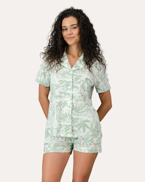 Womens Short Pyjamas - Sage Safari on White