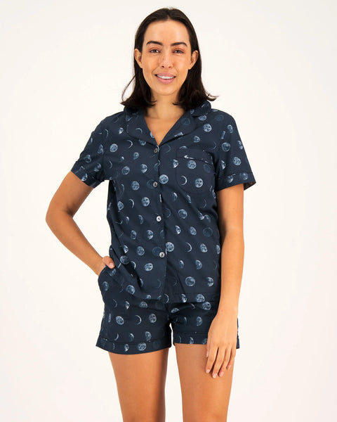 Womens Short Pyjamas - Moons on Navy