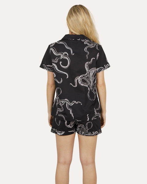 Womens Short Pyjamas - Mini White Octopus on Black