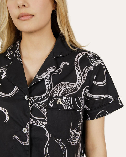 Womens Short Pyjamas - Mini White Octopus on Black