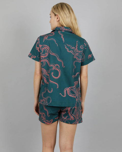 Womens Short Pyjamas - Mini Pink Octopus on Green