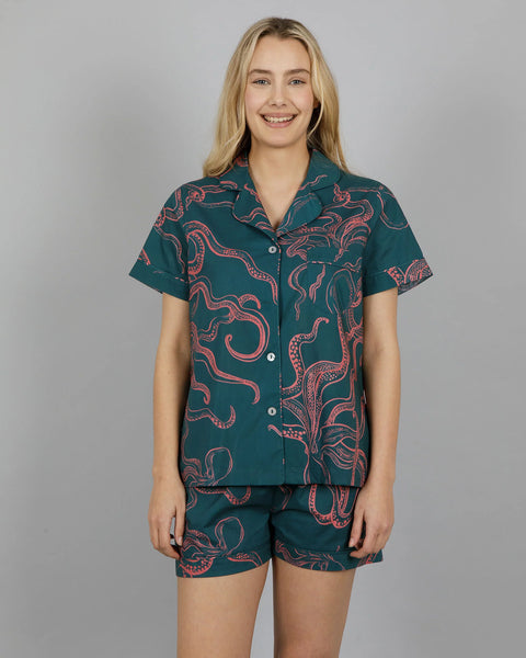 Womens Short Pyjamas - Mini Pink Octopus on Green