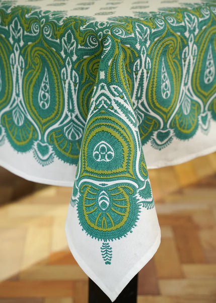 India Ink Tablecloth - Paisley Cascade Green