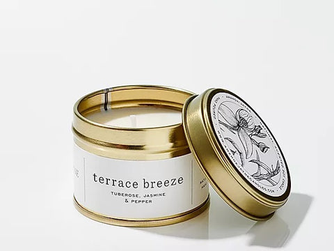 Amanda-Jayne Scented Travel Candle in Gold Tin - Terrace Breeze - Blue Willow Tree